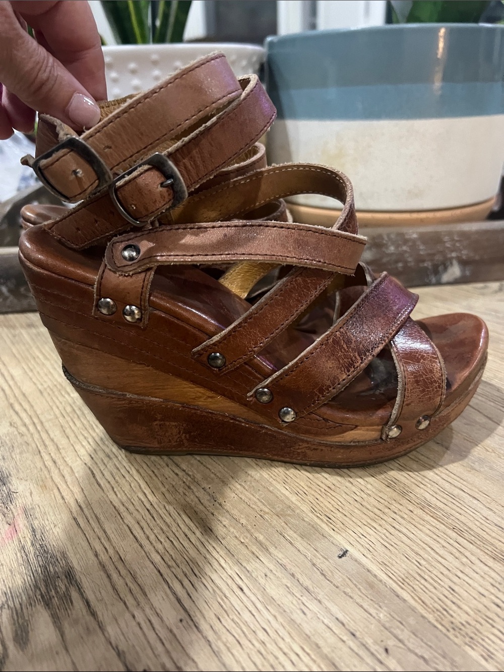 Bed Stu Brown Leather Strappy Wood Wedge Sandals 6.5